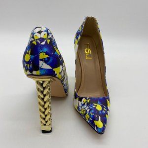 FSJ Floral Gold Metal Chain Chunky Heel Pump